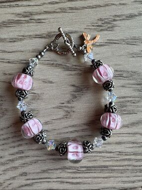 Silver & Pink Glass Bead Bracelet with Swarovski Crystal Accents
